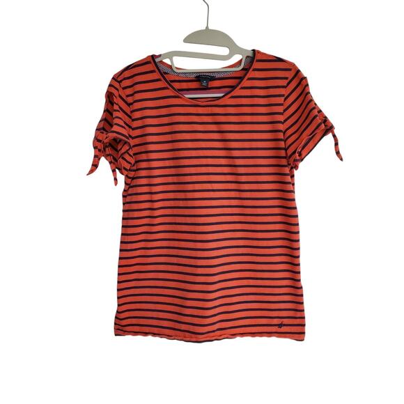 Women's Nautica Navy & Coral Stripe Tee w/ Cutout Tie Sleeves | Size Medium - Picture 1 of 6